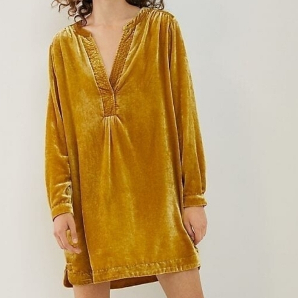 Anthropologie Melody Velvet Mustard Yellow Long Sleeve Dress | Size Small
